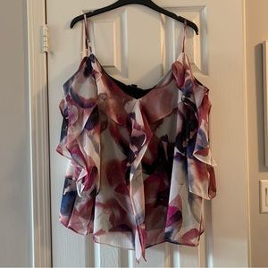 Le Chateau Printed Cold Shoulder Ruffle Blouse